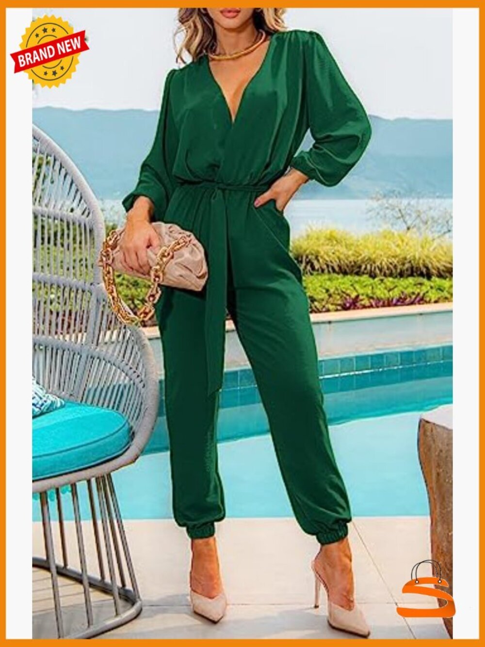 Long Sleeve V Neck Belt Pocket Jumpsuit Romper One Piece Outfit - Picture 5 of 7